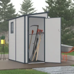 Abri De Jardin Adossé En Résine Gris Clair 2,09m² + Kit De Fondation - JOBU