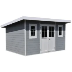 Abri De Jardin En Bois Composite 28mm Gris Clair 12m² PREMIUM Toit Plat - Woodlife Garden