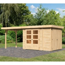 Abri De Jardin En Bois Massif 6,25m² Retola 2 Avec Armoire Intégrée Et Appentis 280cm – Karibu