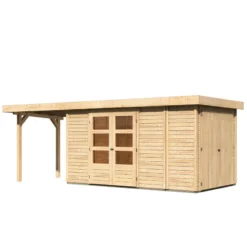 Abri De Jardin En Bois Massif 8,18m² Retola 5 Avec Armoire Intégrée Et Appentis 240cm – Karibu -Jardin Abri Boutique abri de jardin en bois massif 818m retola 5 avec armoire integree et appentis 240cm woodfeeling 2
