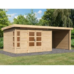 Abri De Jardin En Bois Massif 8,88m² Kastorf 7 Avec Appentis 260cm Et Paroi Arrière Et Latérale – Karibu