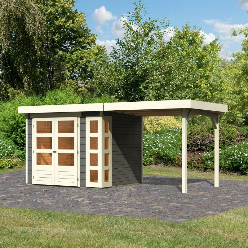 Abri De Jardin En Bois Massif Gris Terre 5,25m² Kerko 3 Avec Appentis 240cm – Karibu 1 Abri De Jardin En Bois Massif Gris Terre 5,25m² Kerko 3 Avec Appentis 240cm – Karibu