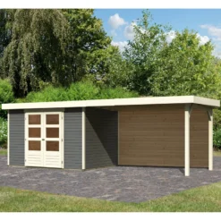 Abri De Jardin En Bois Massif Gris Terre 6,55m² Askola 4 Avec Appentis 280cm Et Paroi Arrière – Karibu