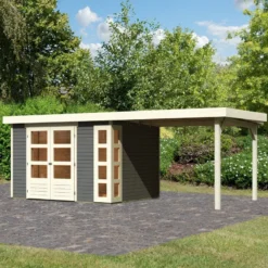 Abri De Jardin En Bois Massif Gris Terre 7,43m² Kerko 5 Avec Appentis 280cm – Karibu