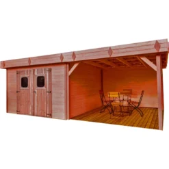 Abri Toit Plat En Douglas DINAN 20,64m² Madriers 28mm Avec Terrasse + Toiture Bac Acier - HABRITA -Jardin Abri Boutique abri dinan 2064m en madriers douglas 28mm avec terrasse habrita 2