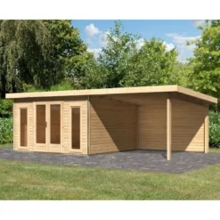 Abri Toit Plat 13,60m² Bois Massif 40mm Radeburg 3 Avec Appentis 330cm Et Paroi Arrière – Karibu