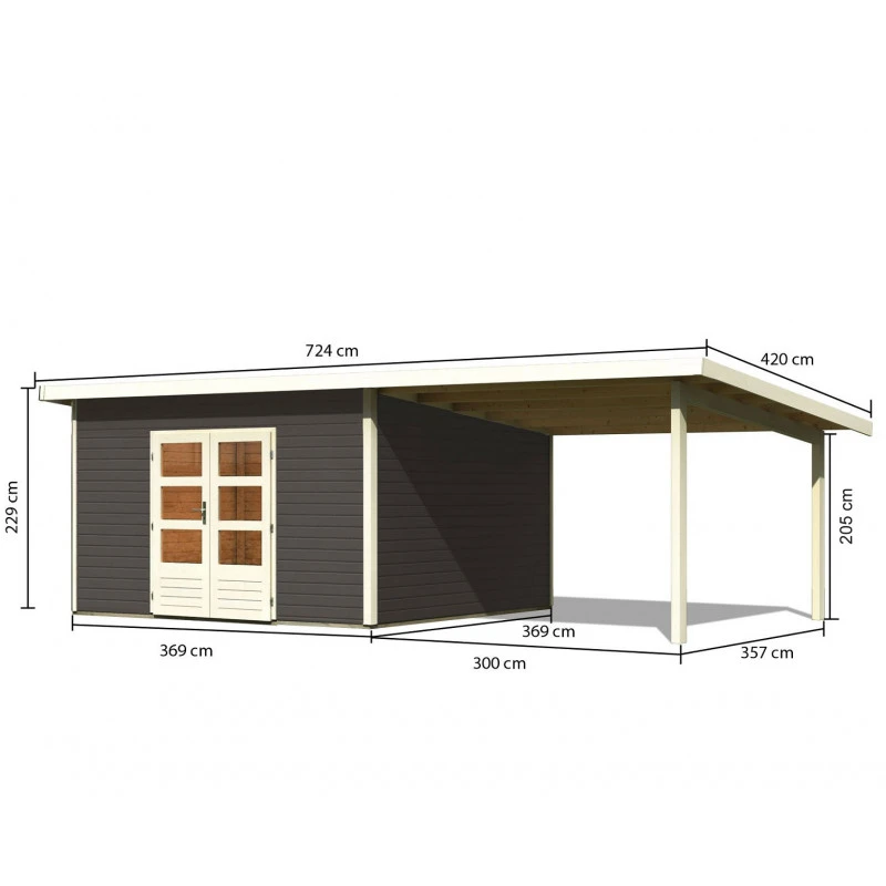 Abri Toit Plat 13,60m² Bois Massif Gris Terre 40mm Northeim 5 Avec Appentis 330cm – Karibu 2 Abri Toit Plat 13,60m² Bois Massif Gris Terre 40mm Northeim 5 Avec Appentis 330cm – Karibu – Image 2