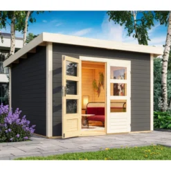 Abri Toit Plat 9,55m² Bois Massif Gris Terre 40mm Northeim 3 – Karibu