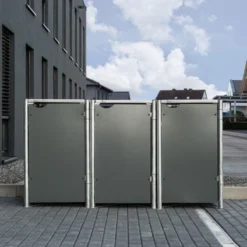 Cache-poubelle 3 Compartiments Müllbox En Aluminium Gris 3x240L – HIDE -Jardin Abri Boutique cache poubelle 3 compartiments mullbox en aluminium gris 3x240l hide 3