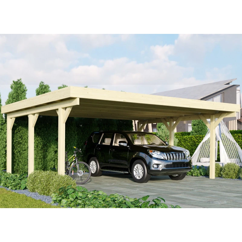 Carport Double En Bois Autoclave 28,3m² Et Toit En Acier – KARIBU 1 Carport Double En Bois Autoclave 28,3m² Et Toit En Acier – KARIBU