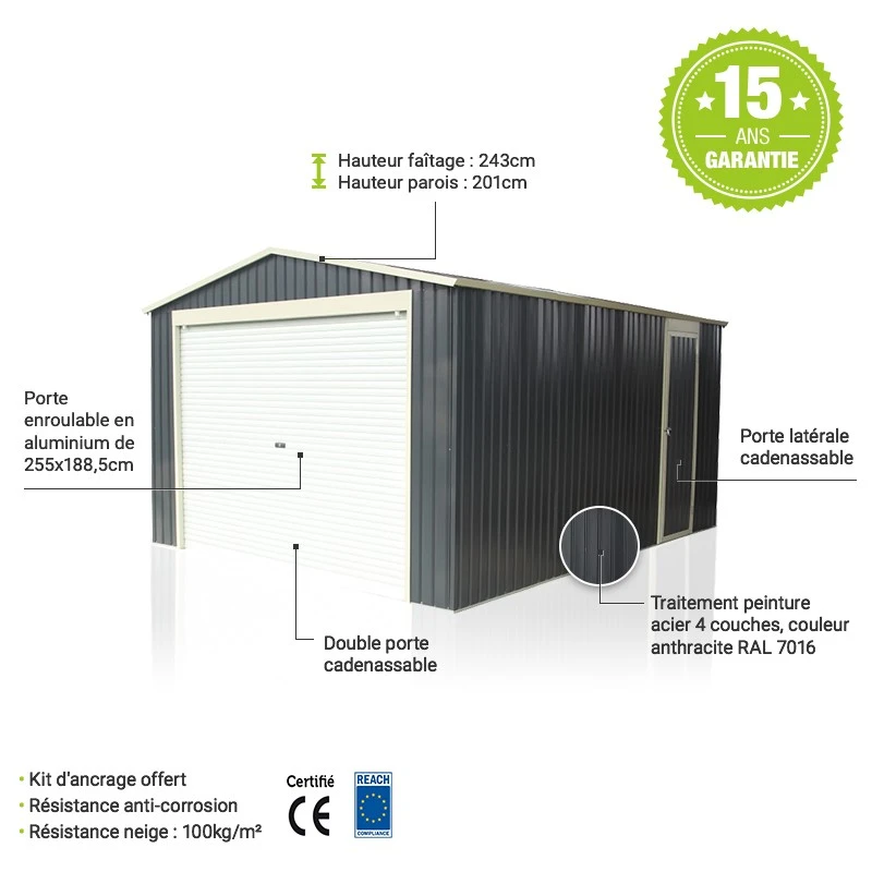 Garage Métal Anthracite 17,31m² Porte Enroulable + Kit D'ancrage X-METAL 4 Garage Métal Anthracite 17,31m² Porte Enroulable + Kit D'ancrage X-METAL – Image 4