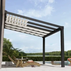 Pergola Adossée Stockholm 350x368cm Aluminium Gris Et Polycarbonate Avec Stores De Toit Rétractables – Palram - Canopia -Jardin Abri Boutique pergola adossee stockholm 350x368cm aluminium gris et polycarbonate avec stores de toit retractables palram 3