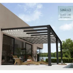Pergola Adossée Stockholm 350x660cm Aluminium Gris Et Polycarbonate Avec Stores De Toit Rétractables – Palram - Canopia -Jardin Abri Boutique pergola adossee stockholm 350x660cm aluminium gris et polycarbonate avec stores de toit retractables palram 2