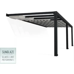 Pergola Adossée Stockholm 350x740cm Aluminium Gris Et Polycarbonate Avec Stores De Toit Rétractables – Palram - Canopia -Jardin Abri Boutique pergola adossee stockholm 350x740cm aluminium gris et polycarbonate avec stores de toit retractables palram 2