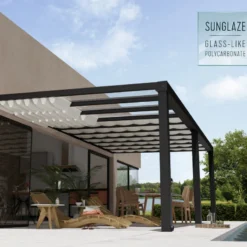 Pergola Adossée Stockholm 350x740cm Aluminium Gris Et Polycarbonate Avec Stores De Toit Rétractables – Palram - Canopia -Jardin Abri Boutique pergola adossee stockholm 350x740cm aluminium gris et polycarbonate avec stores de toit retractables palram 3