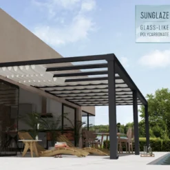 Pergola Adossée Stockholm 350x810cm Aluminium Gris Et Polycarbonate Avec Stores De Toit Rétractables – Palram - Canopia -Jardin Abri Boutique pergola adossee stockholm 350x810cm aluminium gris et polycarbonate avec stores de toit retractables palram 3