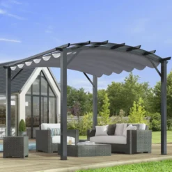 Pergola Arche Aluminium/acier Gris Anthracite 11,22m² Avec Toit En Toile Polyester 280gr/m² Gris HABRITA