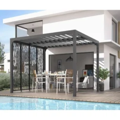 Pergola Bioclimatique Aluminium Anthracite 10,80m² Toit Avec Lames Ovales + 4 Panneaux Moucharabieh Gris Pour Côté 3m HABRITA