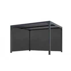 Pergola Bioclimatique Aluminium Anthracite 10,80m² Toit Avec Lames Ovales Aluminium + 2 Rideaux Gris Pour Les Côtés – HABRITA -Jardin Abri Boutique pergola bioclimatique aluminium anthracite 1080m toit avec lames ovales aluminium 2 rideaux gris pour les cotes habrita 2