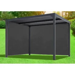 Pergola Bioclimatique Aluminium Anthracite 10,80m² Toit Avec Lames Ovales Aluminium + 2 Rideaux Gris Pour Les Côtés – HABRITA -Jardin Abri Boutique pergola bioclimatique aluminium anthracite 1080m toit avec lames ovales aluminium 2 rideaux gris pour les cotes habrita 4