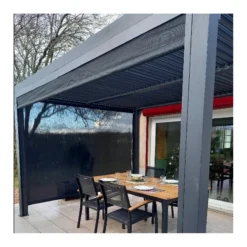 Pergola Bioclimatique Aluminium Anthracite 10,80m² Toit Avec Lames Ovales Aluminium + 2 Rideaux Gris Pour Les Côtés – HABRITA -Jardin Abri Boutique pergola bioclimatique aluminium anthracite 1080m toit avec lames ovales aluminium 2 rideaux gris pour les cotes habrita 5